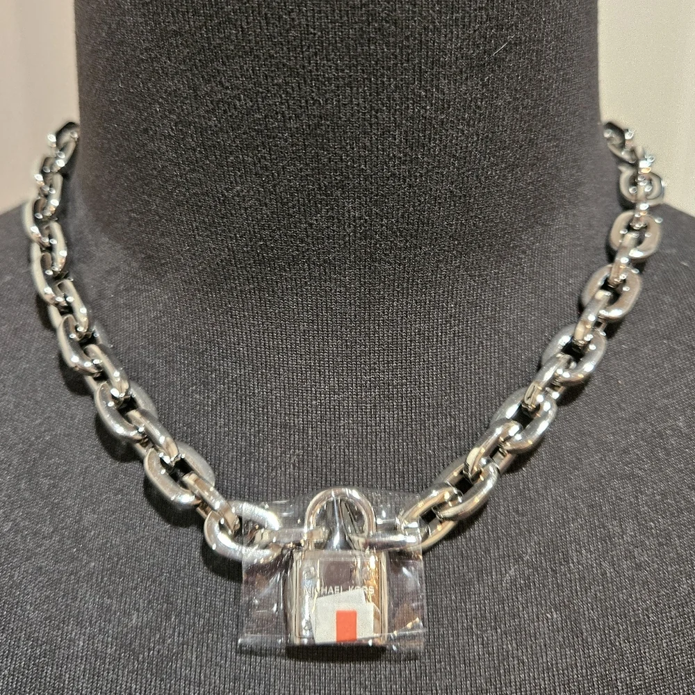 Michael Kors Square Chain Link Padlock Necklace Silver Plate Stainless Steel NWT - Picture 2 of 16